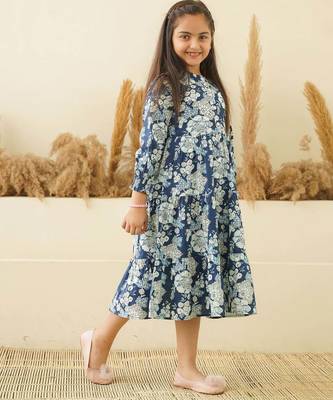 Blue floral printed cotton tiered a-line kids dress 5