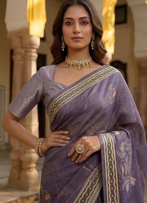 Lavender Color Sober Pattern With Print Work Silk Blend Saree 2