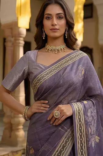 Lavender Color Sober Pattern With Print Work Silk Blend Saree