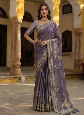 Lavender Color Sober Pattern With Print Work Silk Blend Saree 3