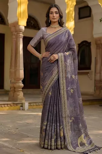 Lavender Color Sober Pattern With Print Work Silk Blend Saree
