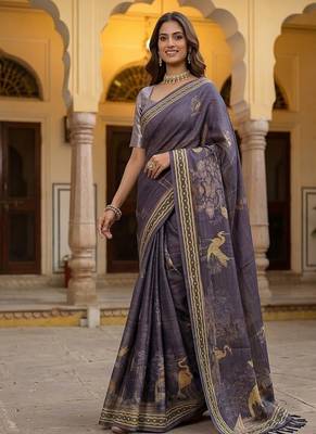 Lavender Color Sober Pattern With Print Work Silk Blend Saree 1
