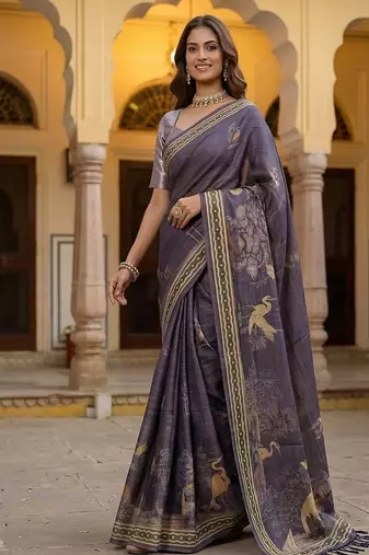 Lavender Color Sober Pattern With Print Work Silk Blend Saree