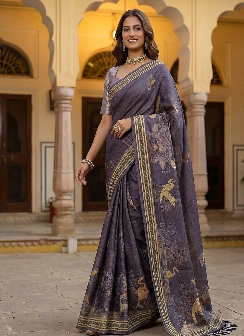 Lavender Color Sober Pattern With Print Work Silk Blend Saree