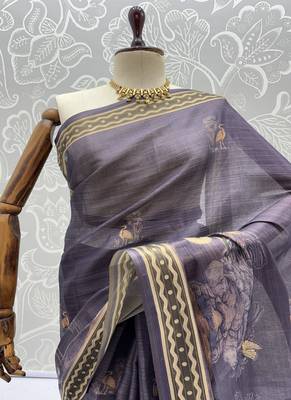 Lavender Color Sober Pattern With Print Work Silk Blend Saree 4