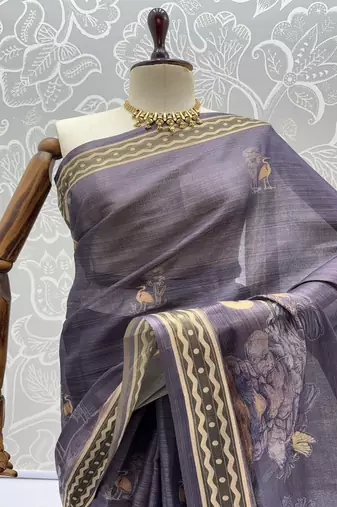 Lavender Color Sober Pattern With Print Work Silk Blend Saree