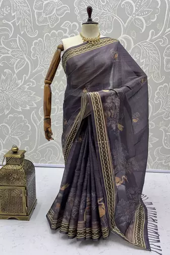 Lavender Color Sober Pattern With Print Work Silk Blend Saree