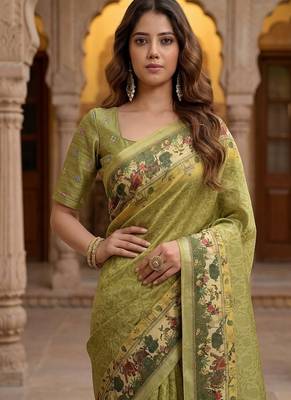 Olive Color Sober Pattern With Print Work Silk Blend Saree 2