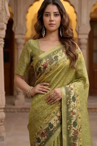 Olive Color Sober Pattern With Print Work Silk Blend Saree