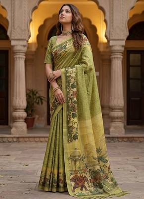 Olive Color Sober Pattern With Print Work Silk Blend Saree 3