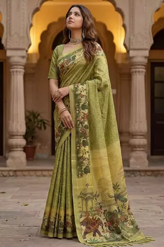 Olive Color Sober Pattern With Print Work Silk Blend Saree