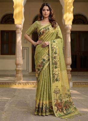 Olive Color Sober Pattern With Print Work Silk Blend Saree 1