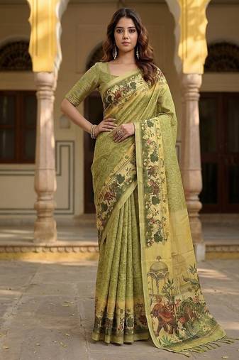 Olive Color Sober Pattern With Print Work Silk Blend Saree