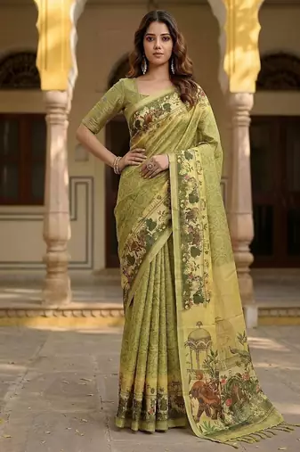 Olive Color Sober Pattern With Print Work Silk Blend Saree