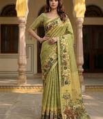 Olive Color Sober Pattern With Print Work Silk Blend Saree