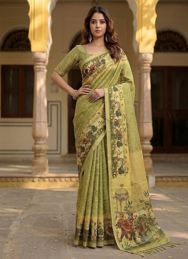 Olive Color Sober Pattern With Print Work Silk Blend Saree