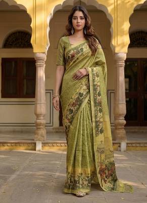 Olive Color Sober Pattern With Print Work Silk Blend Saree 4