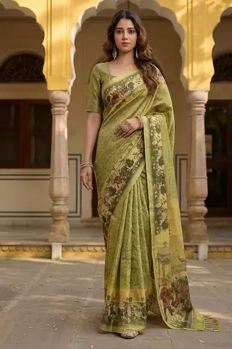 Olive Color Sober Pattern With Print Work Silk Blend Saree