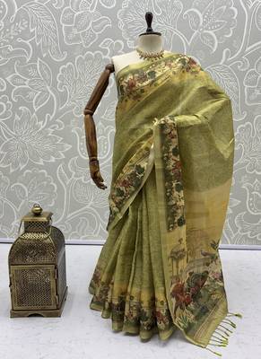 Olive Color Sober Pattern With Print Work Silk Blend Saree 5