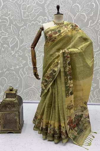 Olive Color Sober Pattern With Print Work Silk Blend Saree