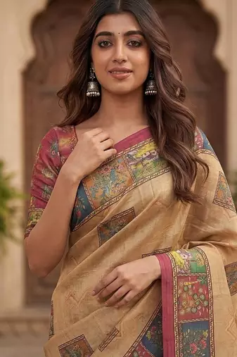 Beige Color Sober Pattern With Print Work Silk Blend Saree