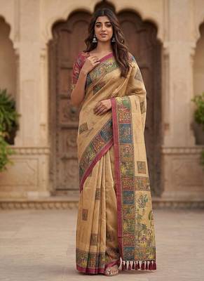 Beige Color Sober Pattern With Print Work Silk Blend Saree 1