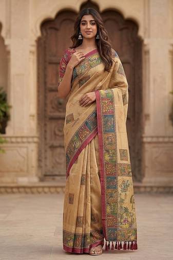 Beige Color Sober Pattern With Print Work Silk Blend Saree