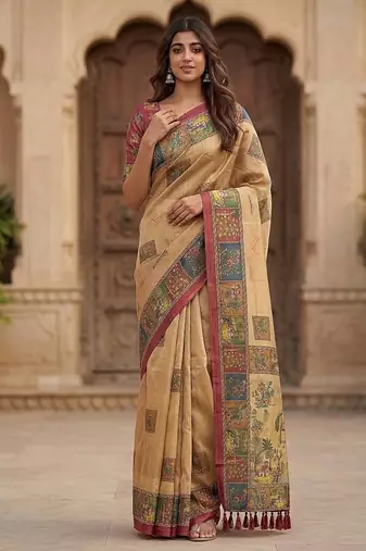 Beige Color Sober Pattern With Print Work Silk Blend Saree