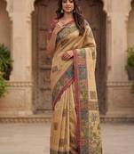 Beige Color Sober Pattern With Print Work Silk Blend Saree