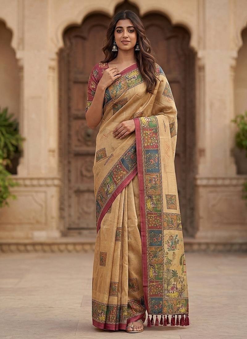 Beige Color Sober Pattern With Print Work Silk Blend Saree