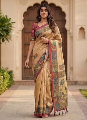 Beige Color Sober Pattern With Print Work Silk Blend Saree 3