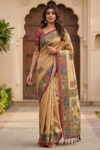 Beige Color Sober Pattern With Print Work Silk Blend Saree