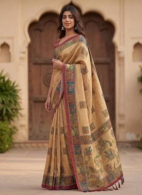 Beige Color Sober Pattern With Print Work Silk Blend Saree 4
