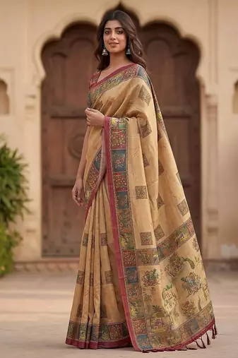 Beige Color Sober Pattern With Print Work Silk Blend Saree