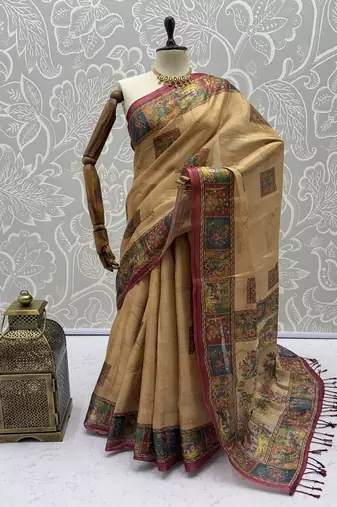 Beige Color Sober Pattern With Print Work Silk Blend Saree