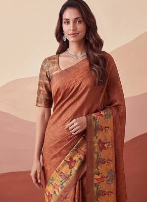 Brown Color Sober Pattern With Print Work Silk Blend Saree 2