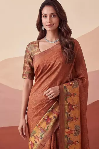 Brown Color Sober Pattern With Print Work Silk Blend Saree