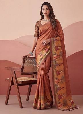 Brown Color Sober Pattern With Print Work Silk Blend Saree 3