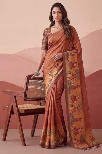 Brown Color Sober Pattern With Print Work Silk Blend Saree