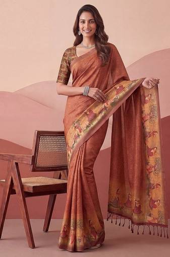 Brown Color Sober Pattern With Print Work Silk Blend Saree
