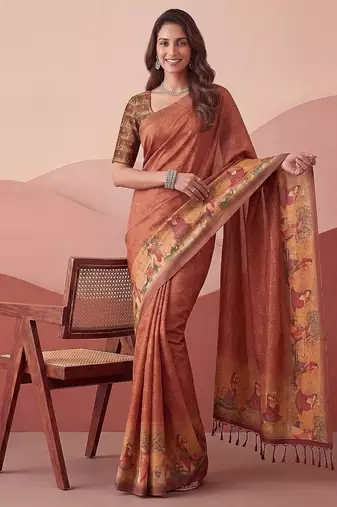 Brown Color Sober Pattern With Print Work Silk Blend Saree