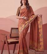 Brown Color Sober Pattern With Print Work Silk Blend Saree