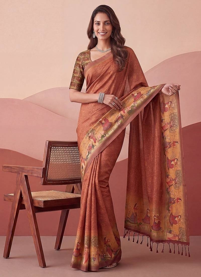 Brown Color Sober Pattern With Print Work Silk Blend Saree
