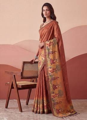 Brown Color Sober Pattern With Print Work Silk Blend Saree 4