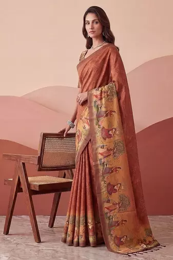 Brown Color Sober Pattern With Print Work Silk Blend Saree