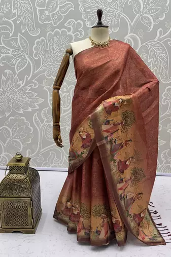 Brown Color Sober Pattern With Print Work Silk Blend Saree