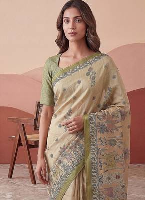 Cream Color Sober Pattern With Print Work Silk Blend Saree 2