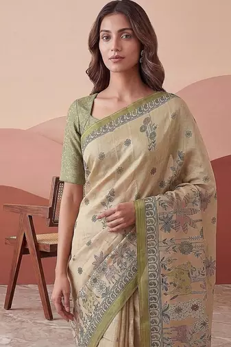 Cream Color Sober Pattern With Print Work Silk Blend Saree