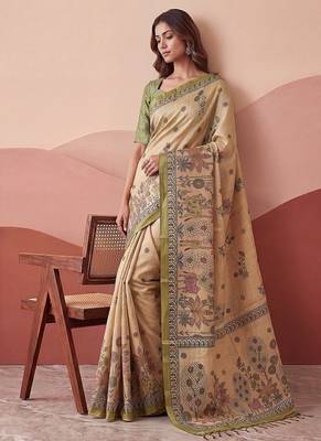 Cream Color Sober Pattern With Print Work Silk Blend Saree 1