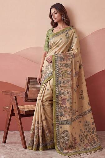Cream Color Sober Pattern With Print Work Silk Blend Saree